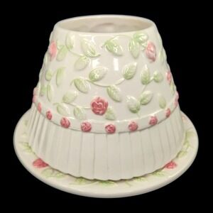 Yankee Candle Large Shade Plate Set Spring Summer Pink Roses Floral Embossed